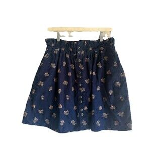 Madewell Floral Corduroy Skirt Navy Blue Size L Elastic Waist Button Up Front